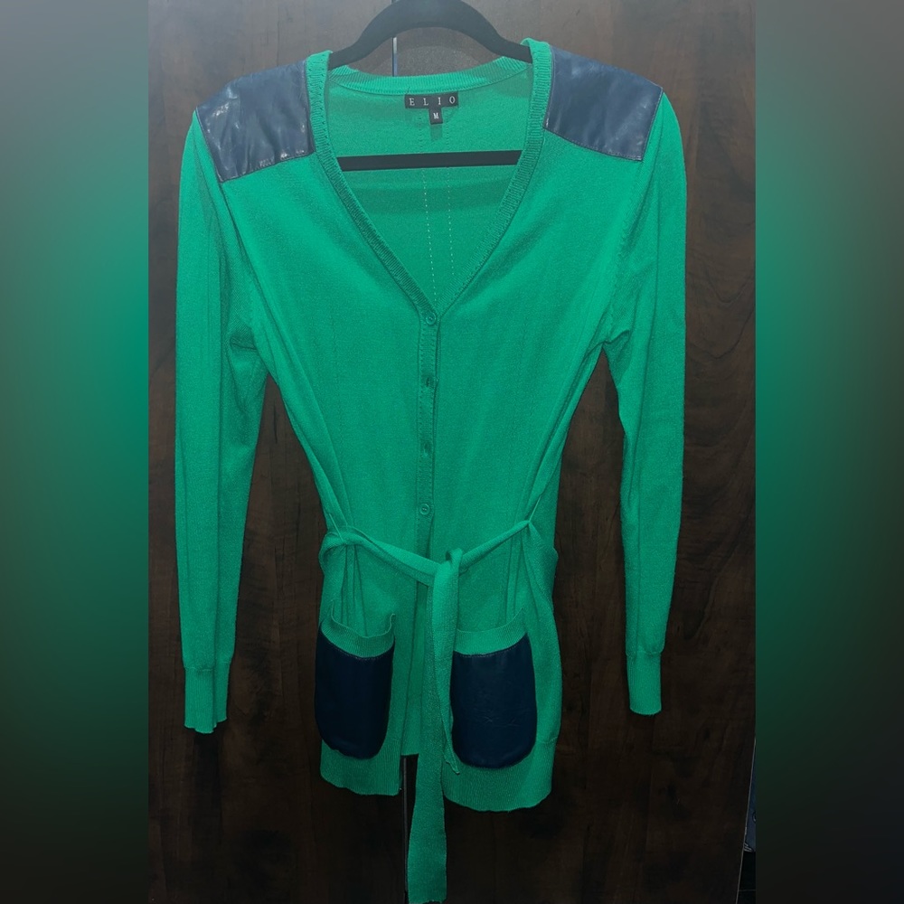 Elio Hunter Green Cardigan with Navy Leather Detail